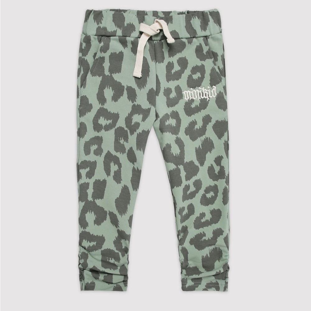 NWOT! Minikid unisex green Leo pinched cheetah leopard animal print joggers 10